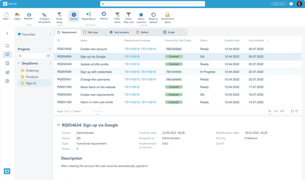 Keep an eye on the specifications throughout the whole project and recognize all dependencies easily with aqua testing tool